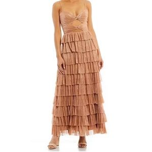 Gianni Bini Grace Metallic Plisse Sweetheart Neck Cut-Out Tiered Dress- Size 6